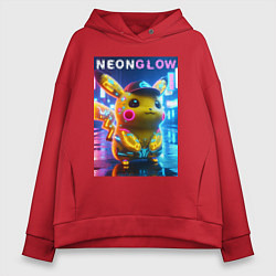 Толстовка оверсайз женская Милый Пикачу в бейсболке - неоновое киберпанк свеч, цвет: красный