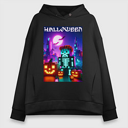 Толстовка оверсайз женская Pumpkin and skeleton - neon glow, цвет: черный