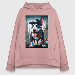 Толстовка оверсайз женская Funny bull terrier in New York - ai art, цвет: пыльно-розовый