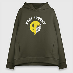 Толстовка оверсайз женская Stay spooky смайл эмодзи, цвет: хаки