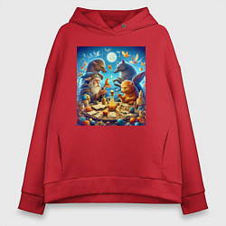 Толстовка оверсайз женская Леший за сказочным столом в окружении зверья - ней, цвет: красный