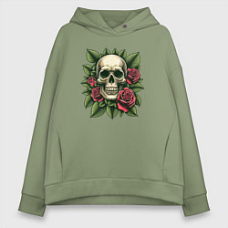 Толстовка оверсайз женская Череп в зеленых листьях и красных розах, цвет: авокадо