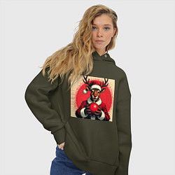 Толстовка оверсайз женская Рождественский олень Рудольф в шапке Санты, цвет: хаки — фото 2