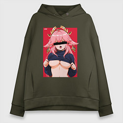 Толстовка оверсайз женская Яэ Мико в стиле 80х - Геншин Импакт, цвет: хаки
