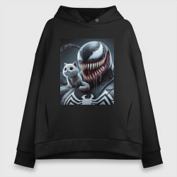 Толстовка оверсайз женская Venom and funny kitten - ai art fantasy, цвет: черный