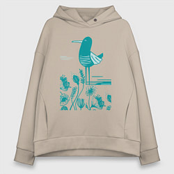 Толстовка оверсайз женская Птичка и цветы в голубом, цвет: миндальный