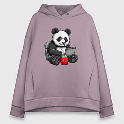 Толстовка оверсайз женская Панда с кофе за ноутбуком, цвет: сиреневый