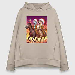 Толстовка оверсайз женская Индейцы Рик и Морти скачут на лошадях, цвет: миндальный