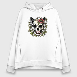 Толстовка оверсайз женская Череп человека кота, цвет: белый