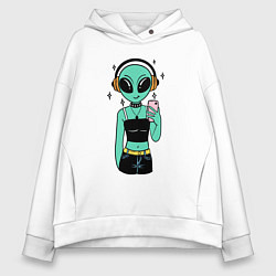 Толстовка оверсайз женская Девочка инопланетянин с телефоном, цвет: белый