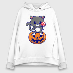 Толстовка оверсайз женская Хэллоуин котик с леденцом, цвет: белый