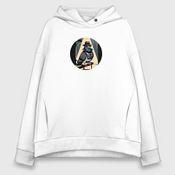 Толстовка оверсайз женская Голубь шпион в шляпе со старым фотоаппаратом, цвет: белый