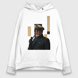 Толстовка оверсайз женская Мужчина капитан с трубкой поп-арт ретро 1970-е, цвет: белый