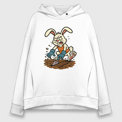 Толстовка оверсайз женская Заяц яростно сажает грядки, цвет: белый