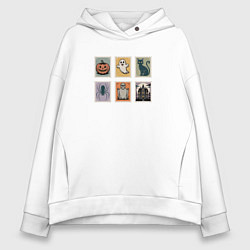 Толстовка оверсайз женская Символы Хэллоуина тыква привидение и черный кот, цвет: белый