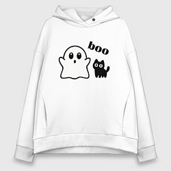 Толстовка оверсайз женская Хэллоуин, привидение и черный кот, цвет: белый