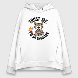 Толстовка оверсайз женская Кот с динамитом - trust me im an engineer, цвет: белый
