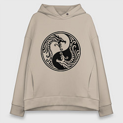 Толстовка оверсайз женская Два дракона Инь Янь, цвет: миндальный