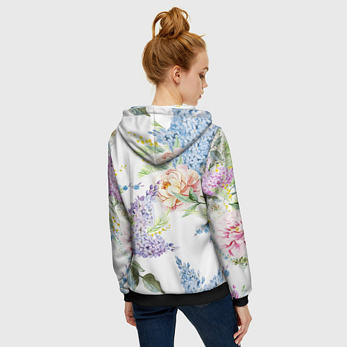 Женская толстовка на молнии Сирень и Пионы / 3D-Черный – фото 4