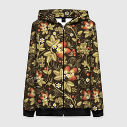 Толстовка на молнии женская Хохлома роспись клубника, цвет: 3D-черный
