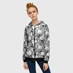 Толстовка на молнии женская Белые лошади - паттерн, цвет: 3D-черный — фото 2