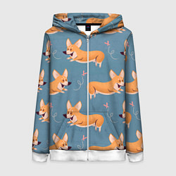 Толстовка на молнии женская Корги с бабочкой, цвет: 3D-белый