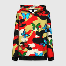 Толстовка на молнии женская Камуфляжные бабочки, цвет: 3D-черный