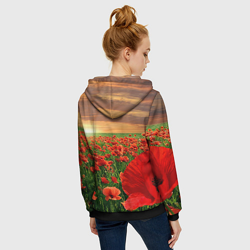 Женская толстовка на молнии Красный мак на закате / 3D-Черный – фото 4