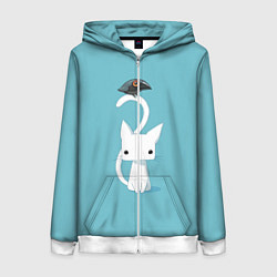 Толстовка на молнии женская Белый котик и воробушек, цвет: 3D-белый