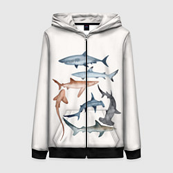 Толстовка на молнии женская Акулы, цвет: 3D-черный