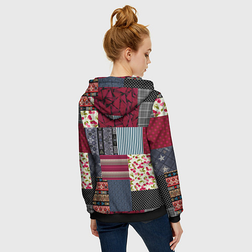 Женская толстовка на молнии Деревенский стиль Пэчворк / 3D-Черный – фото 4