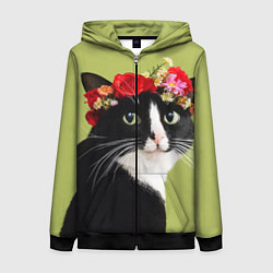 Толстовка на молнии женская Кот и цветы, цвет: 3D-черный