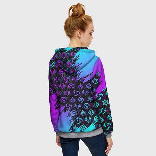Женская толстовка на молнии GENSHIN NEON PATTERN SYMBOL НЕОН ЭМБЛЕМЫ / 3D-Меланж – фото 4