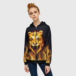 Толстовка на молнии женская Тигр В Пламени, цвет: 3D-черный — фото 2
