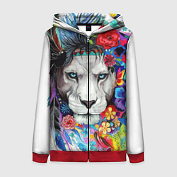 Толстовка на молнии женская Лев - сильный взгляд, цвет: 3D-красный