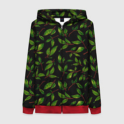 Толстовка на молнии женская Яркие зеленые листья на черном фоне, цвет: 3D-красный