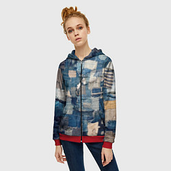 Толстовка на молнии женская Patchwork Jeans Осень Зима 2023, цвет: 3D-красный — фото 2