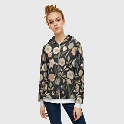 Толстовка на молнии женская Цветы Астры На Чёрном Фоне, цвет: 3D-белый — фото 2