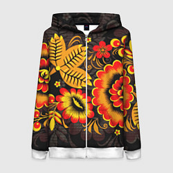 Толстовка на молнии женская Хохломская Роспись Цветы На Тёмном Фоне, цвет: 3D-белый