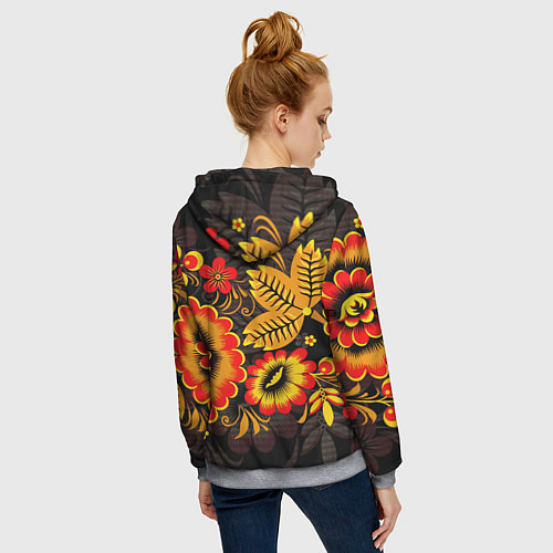 Женская толстовка на молнии Хохломская Роспись Цветы На Тёмном Фоне / 3D-Меланж – фото 4