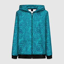 Женская толстовка на молнии Синие листья монстеры на голубом