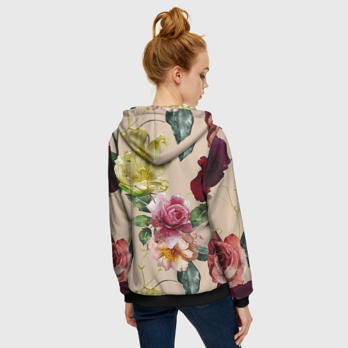 Женская толстовка на молнии Цветы Нарисованные Красные Розы и Лилии / 3D-Черный – фото 4