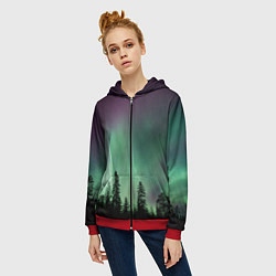 Толстовка на молнии женская Сияние над лесом, цвет: 3D-красный — фото 2