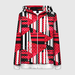 Толстовка на молнии женская Красный, черный и белый горошек и полоска, пэчворк, цвет: 3D-белый