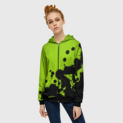 Толстовка на молнии женская Чёрные кляксы на зелёном фоне, цвет: 3D-черный — фото 2