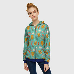 Толстовка на молнии женская Новогодний паттерн с печеньем и конфетами, цвет: 3D-синий — фото 2