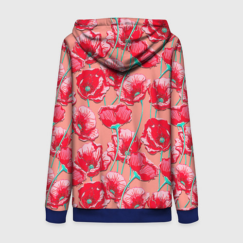 Женская толстовка на молнии Красные маки - паттерн / 3D-Синий – фото 2