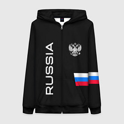 Толстовка на молнии женская Россия и три линии на черном фоне, цвет: 3D-черный