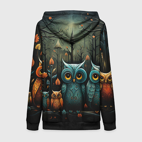 Женская толстовка на молнии Совы в стиле Folk Art / 3D-Черный – фото 2