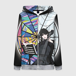 Толстовка на молнии женская Уэнсдэй играет на виолончели на фоне окна, цвет: 3D-меланж